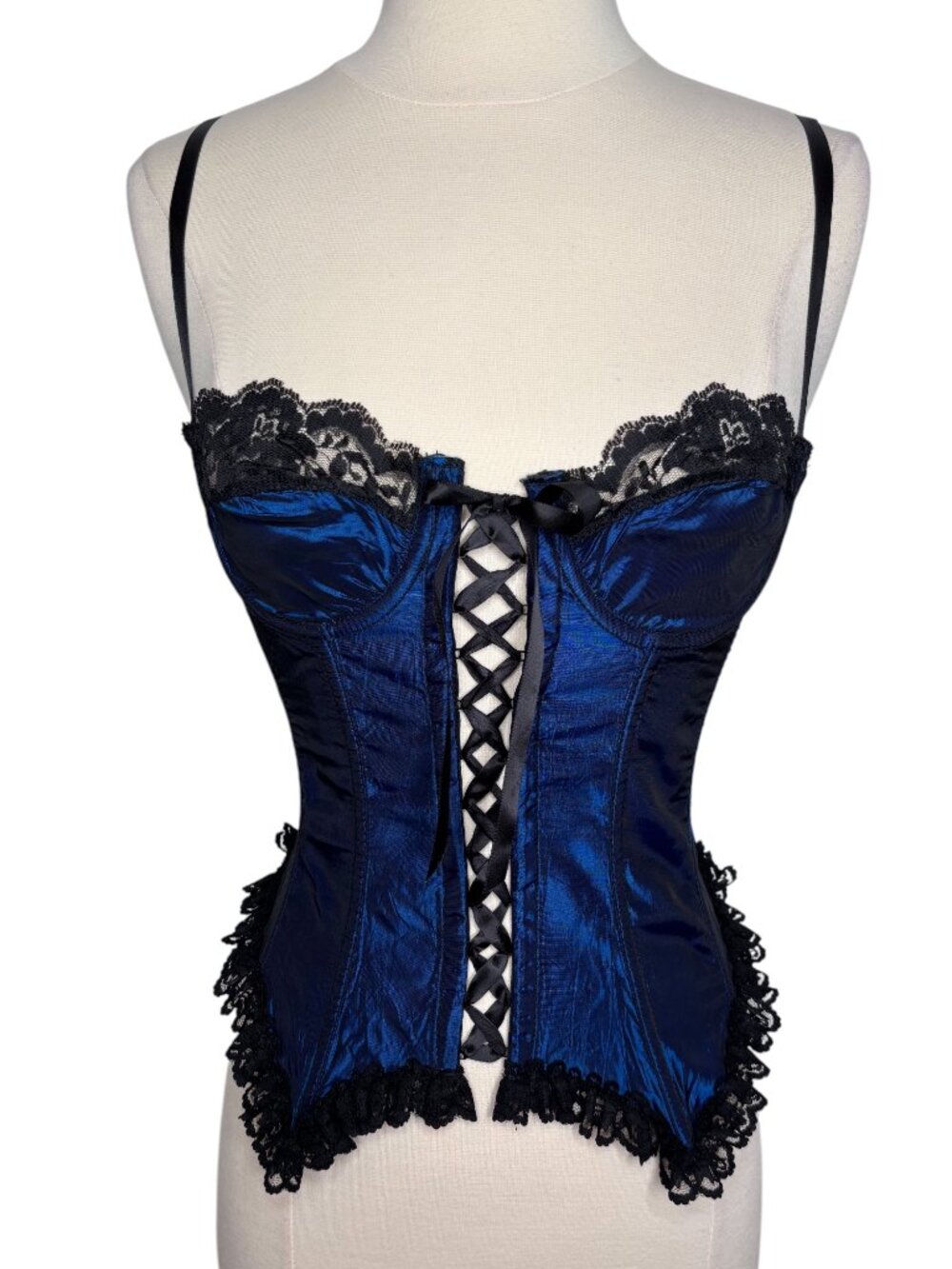 Shirley of Hollywood Blue Taffeta Black Lace Up Front Corset Top Size 34 / M